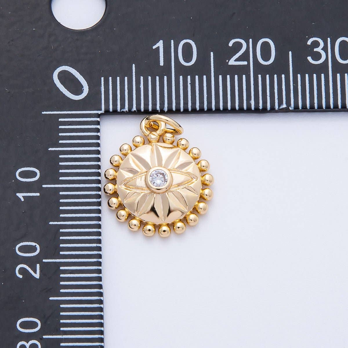 16K Gold Filled 16mm Evil Eye Sunburst Dotted Round Charm | Charms-00399