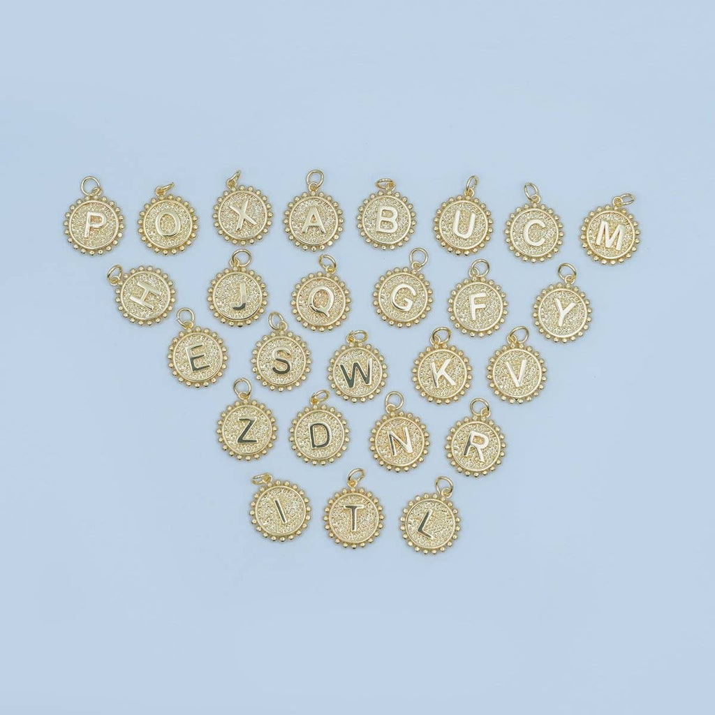 24K Gold Filled Initial Letter Geometric Dotted Round Charm | A292 - A304