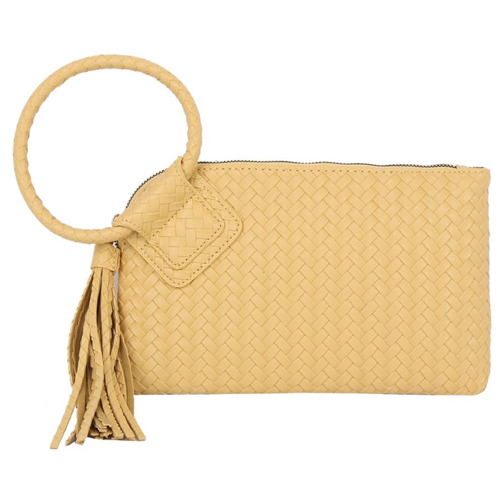Faux Leather Woven Fringe Cuff Handle Clutch Bag