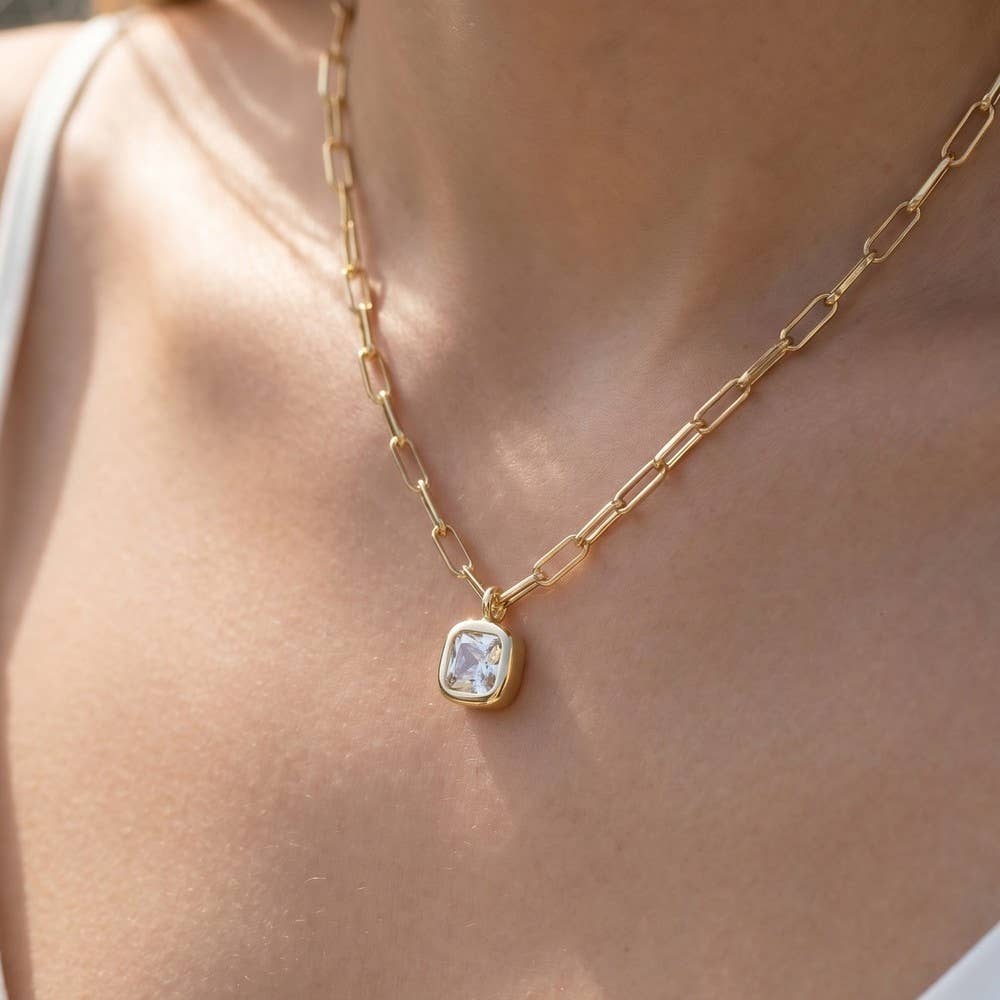 Gold Dipped Cz Cushion Cut Bezel Paperclip Necklace
