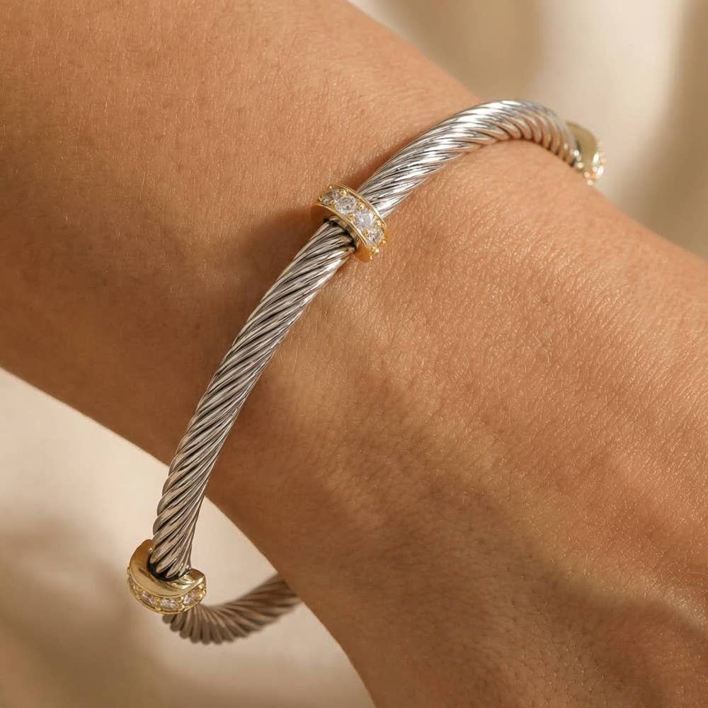 Two Tone Cz Station Rope Cuff Bracelet