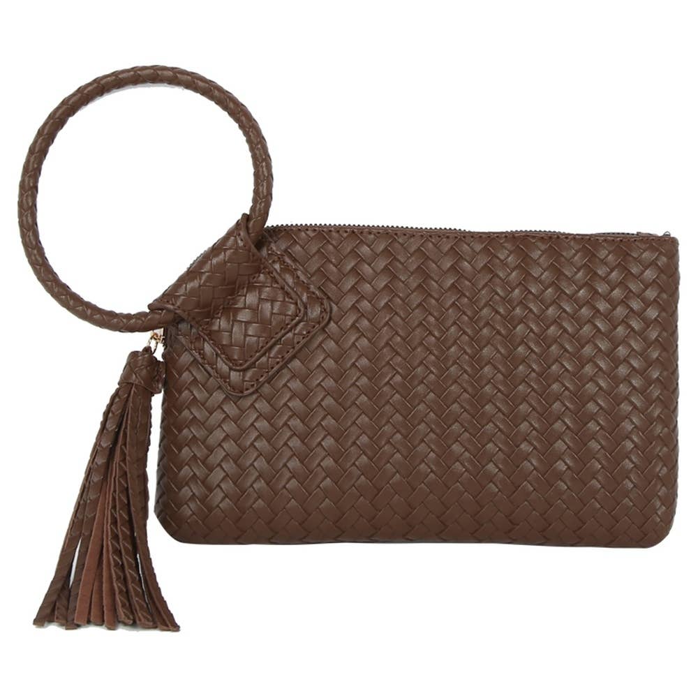 Faux Leather Woven Fringe Cuff Handle Clutch Bag