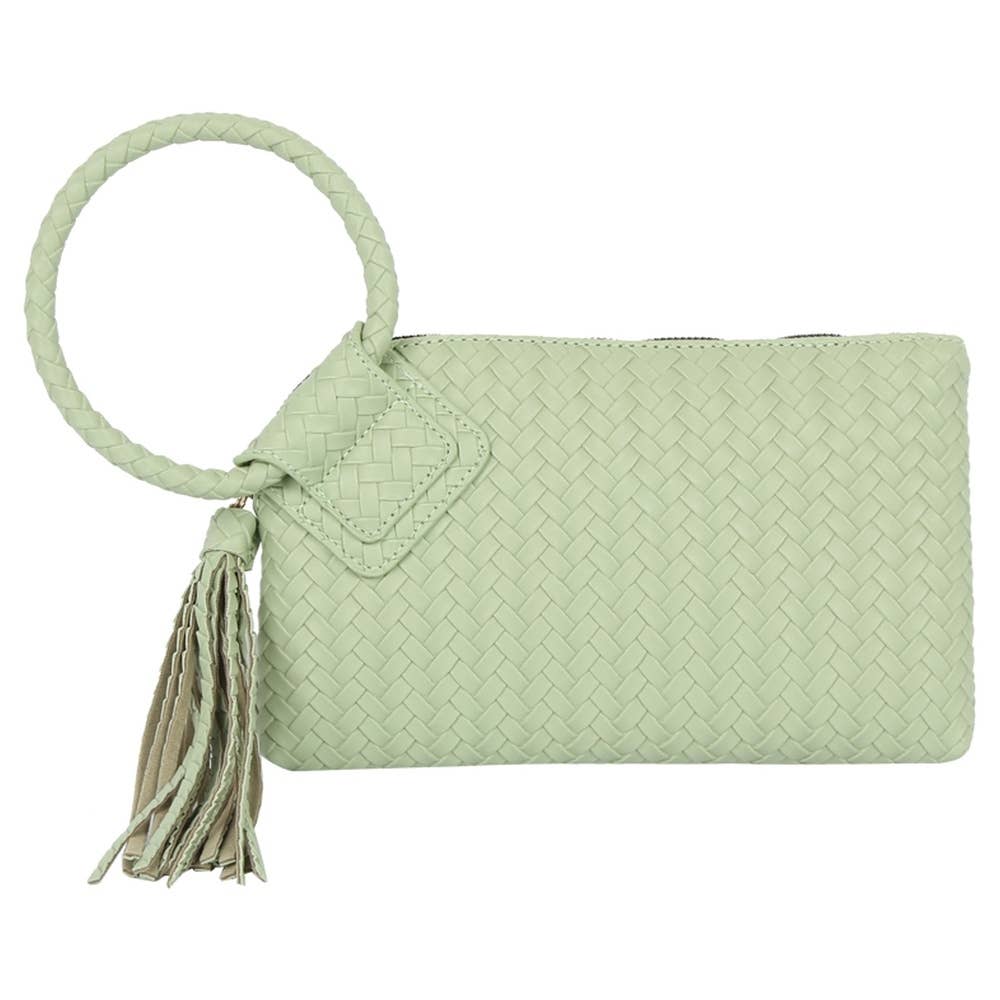Faux Leather Woven Fringe Cuff Handle Clutch Bag