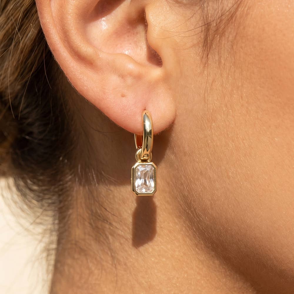 Huggie Hoop With Emerald Cut Bezel Cz Charm Earrings