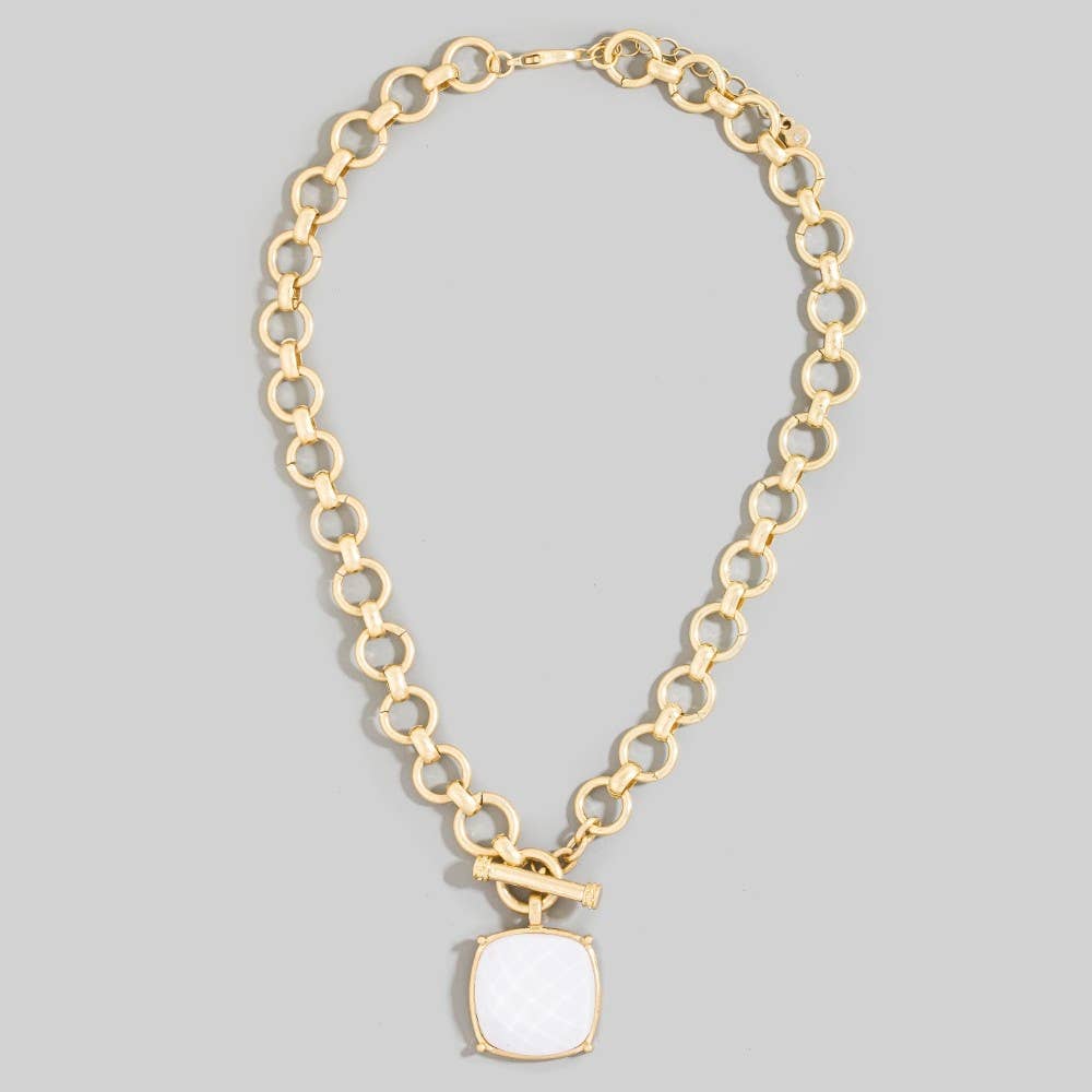 Large Square Faceted Stone Pendant Toggle Chain Necklace