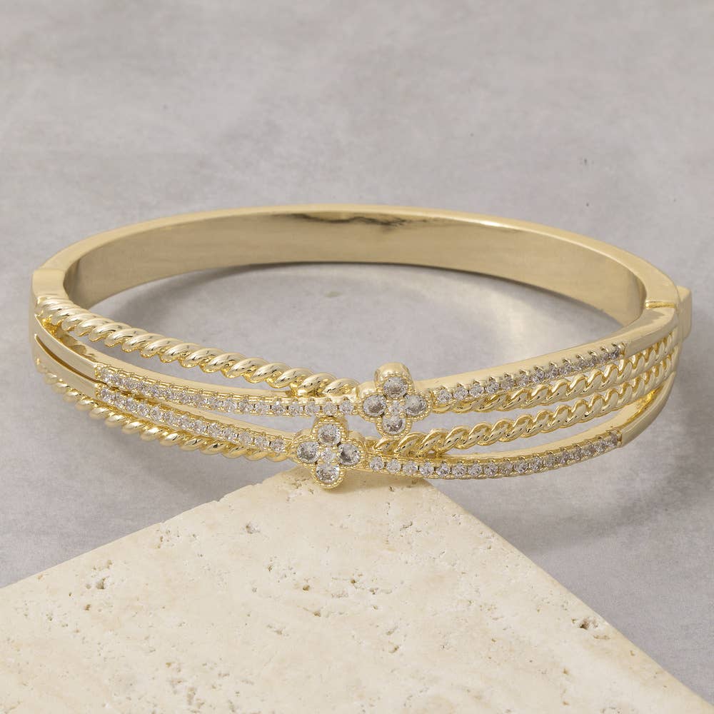 Triple Row Hinged Bangle With Cz Clover Accent