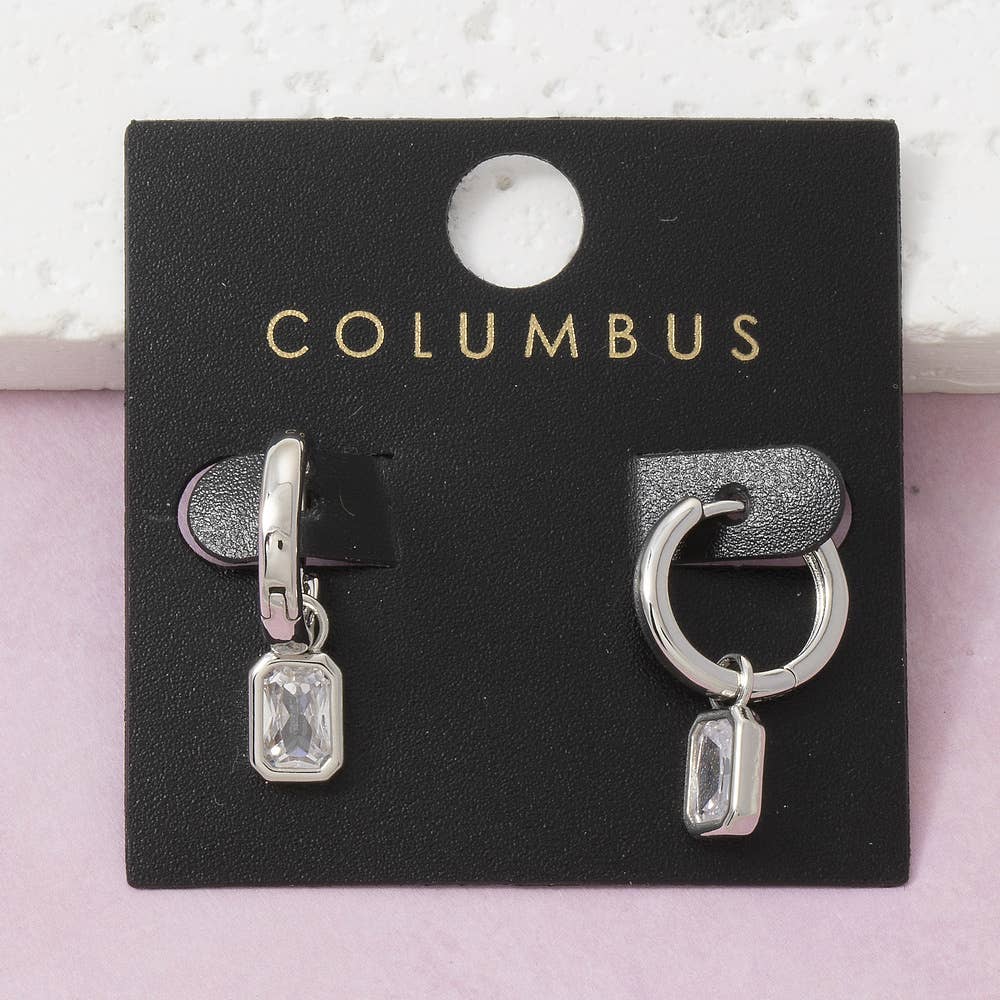 Huggie Hoop With Emerald Cut Bezel Cz Charm Earrings