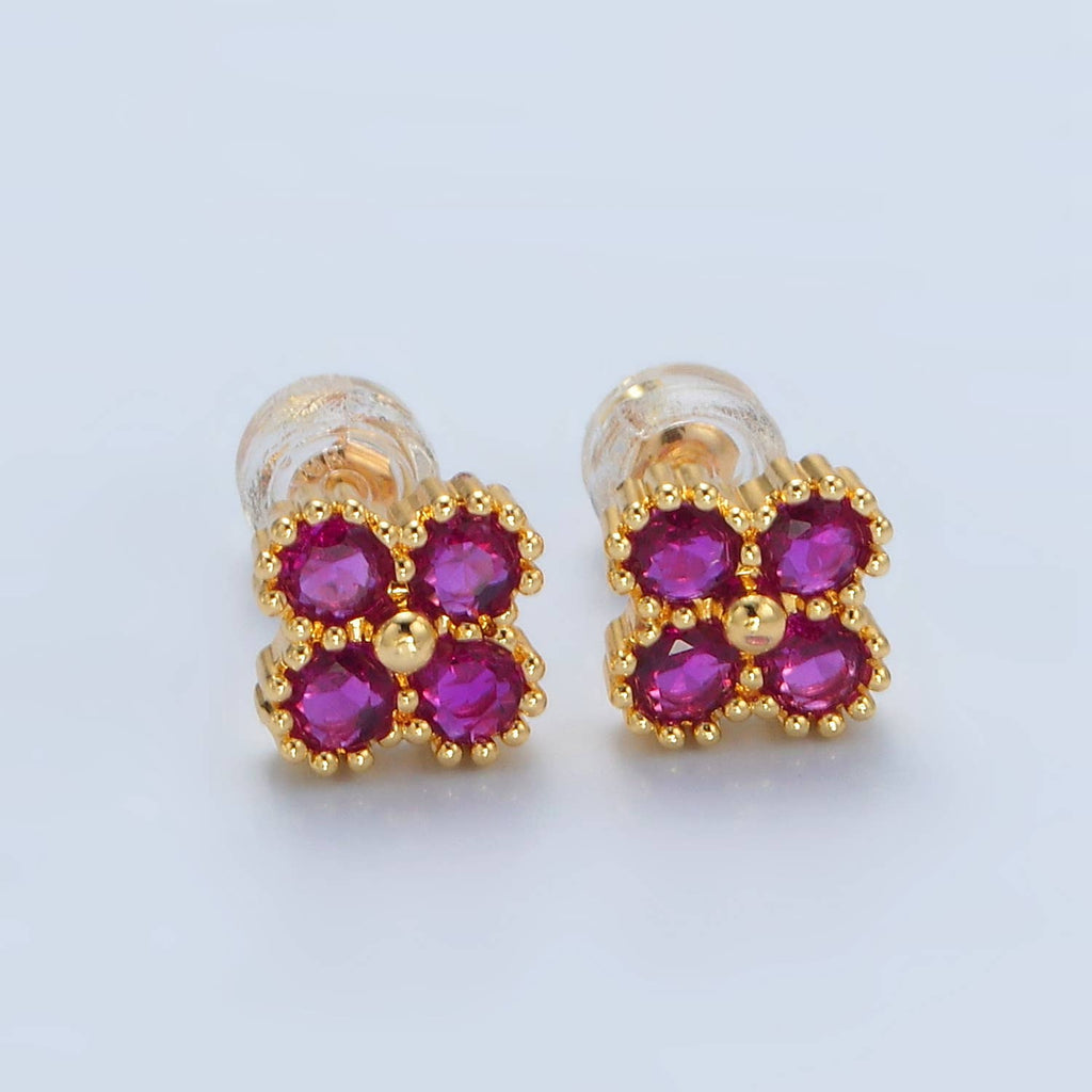 24K Gold Filled Fuchsia, Black, Clear Clover Stud Earring