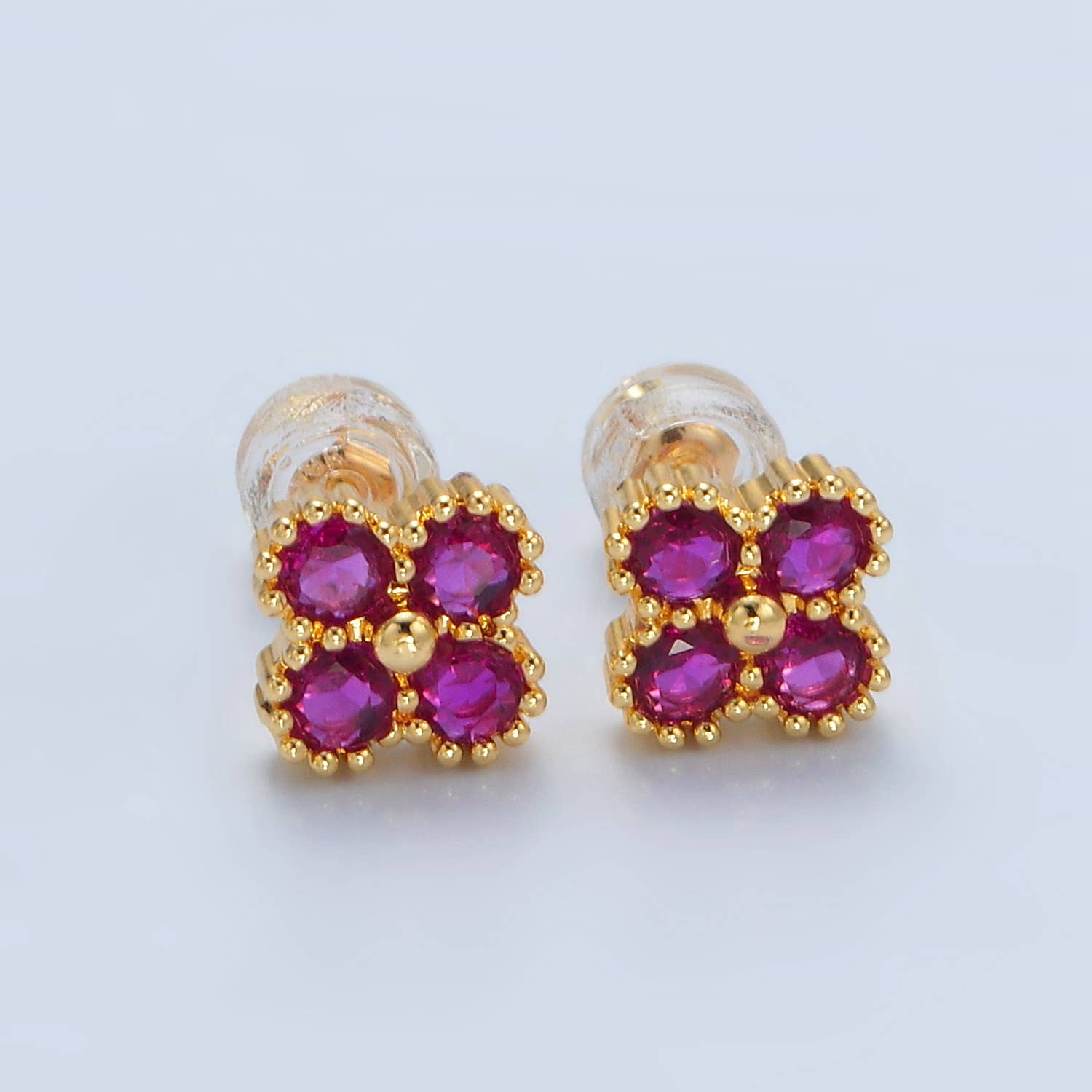 24K Gold Filled Fuchsia, Black, Clear Clover Stud Earring
