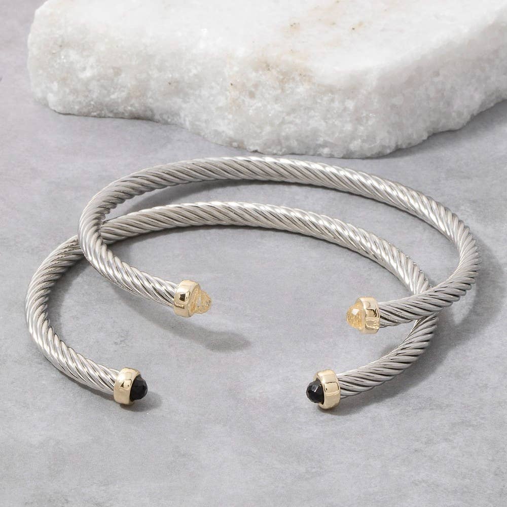 Gold Dipped Faceted Stone Ends Twisted Cuff Bracelet