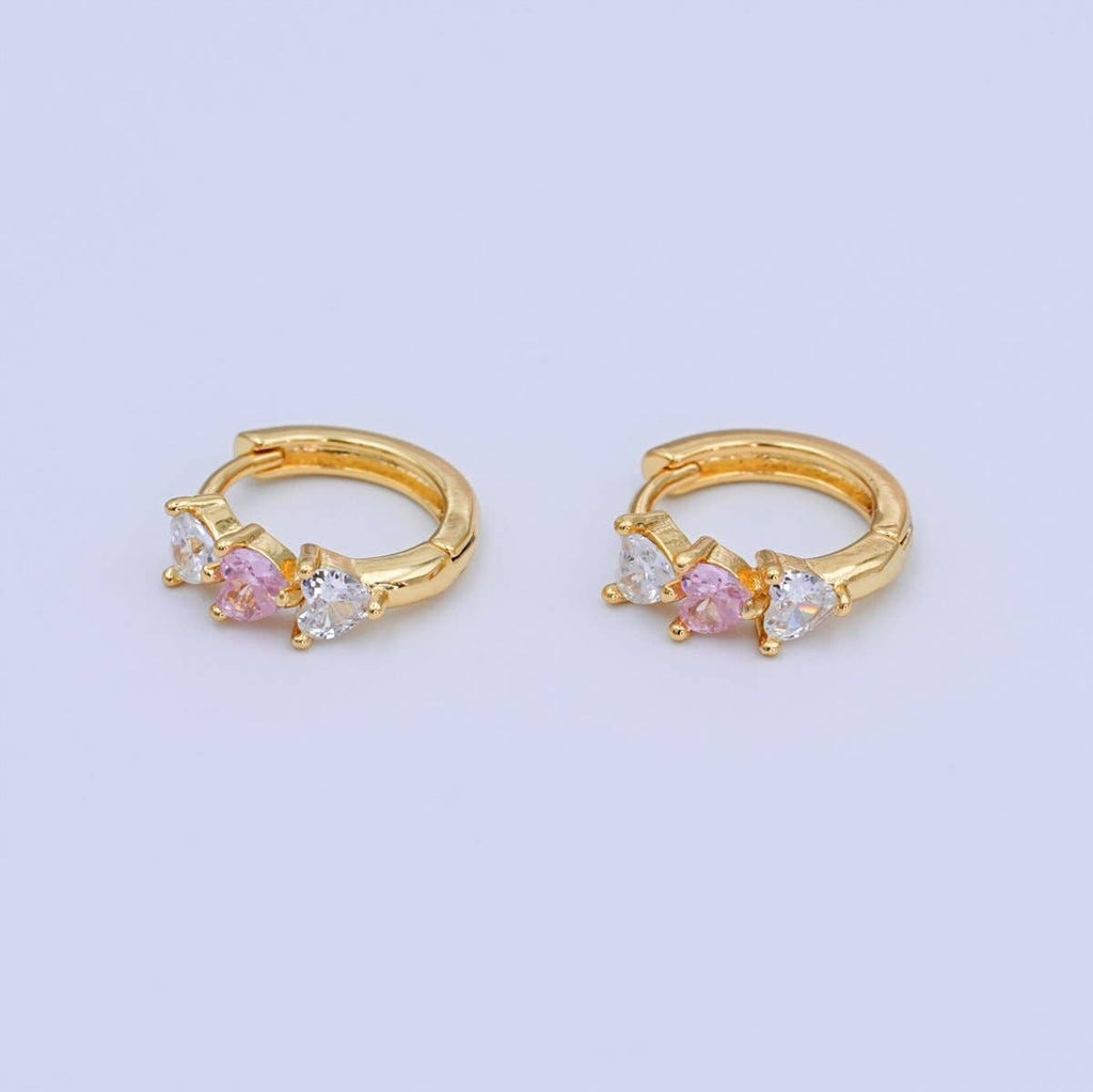 24K Gold Filled 11.5mm Clear Pink CZ Heart Cartilage Huggie Earrings | T294
