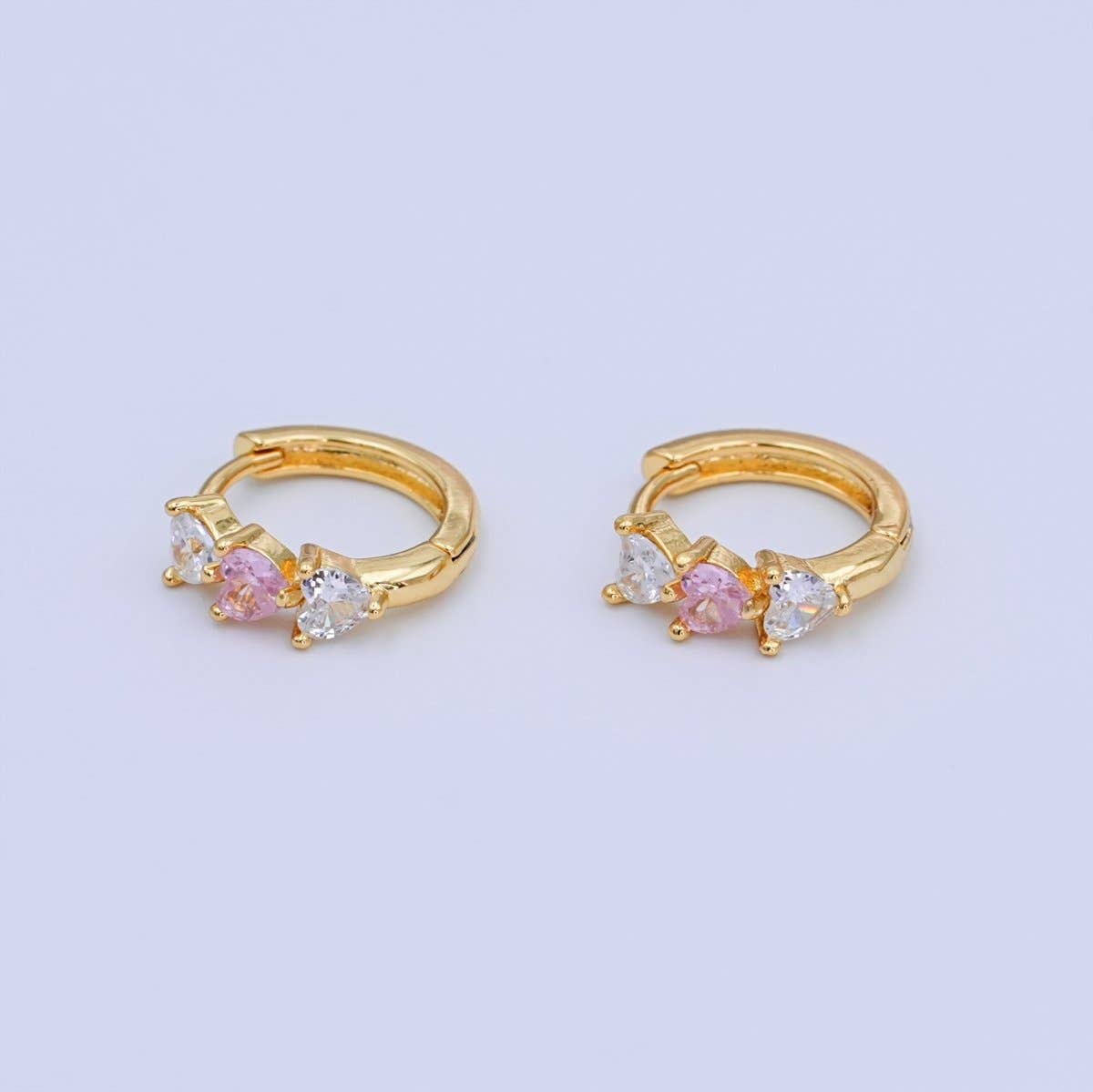 24K Gold Filled 11.5mm Clear Pink CZ Heart Cartilage Huggie Earrings | T294
