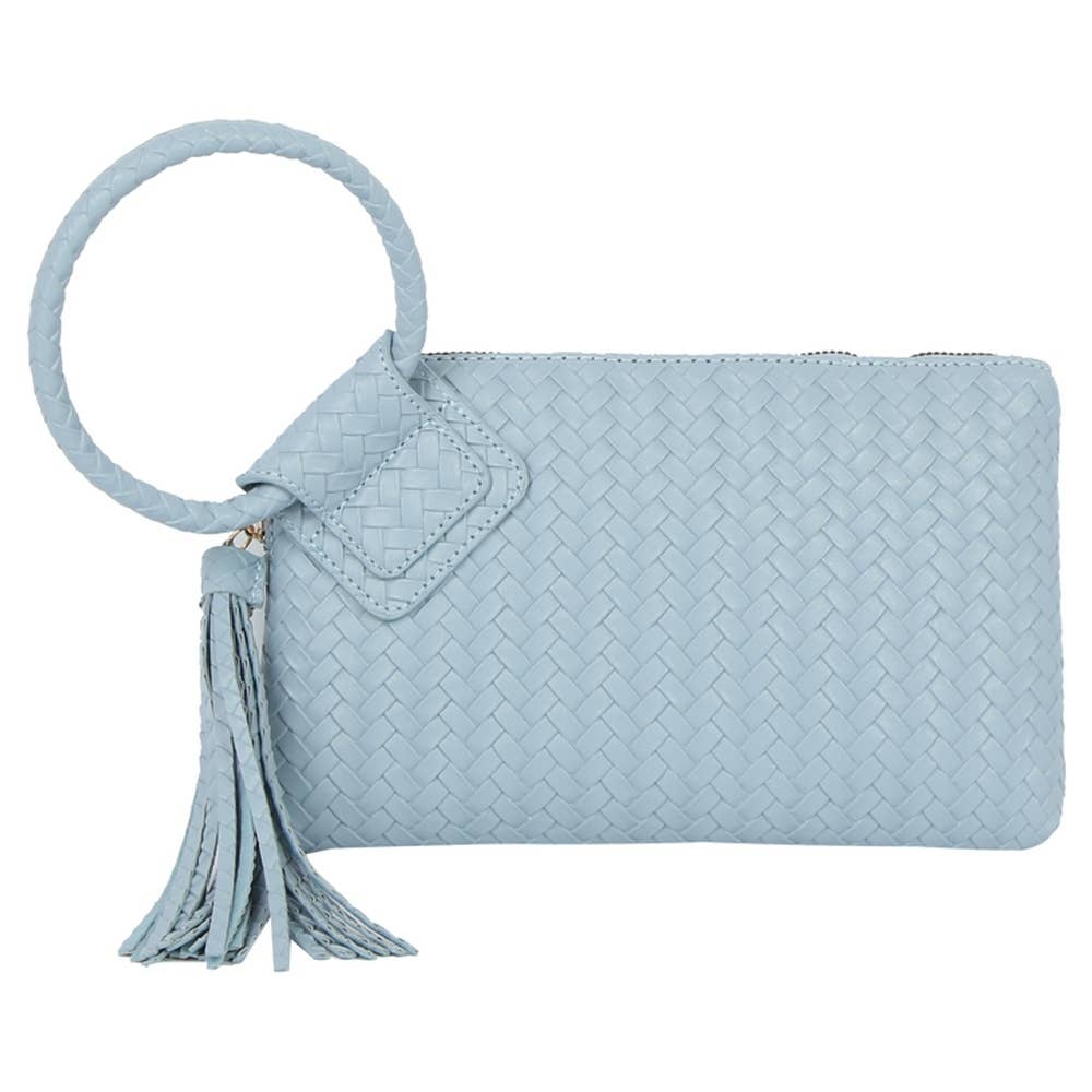 Faux Leather Woven Fringe Cuff Handle Clutch Bag