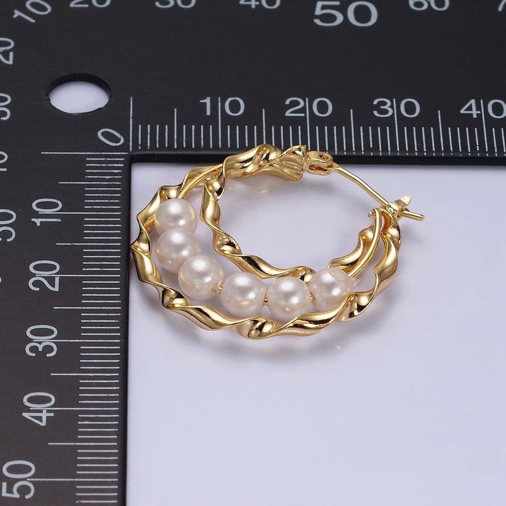 16K Gold Filled Pearl Lined Triple Twisted Bar Latch Earring