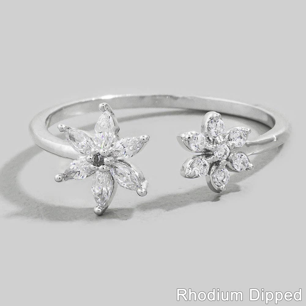 Gold Dipped Cz Double Flower Open Ring