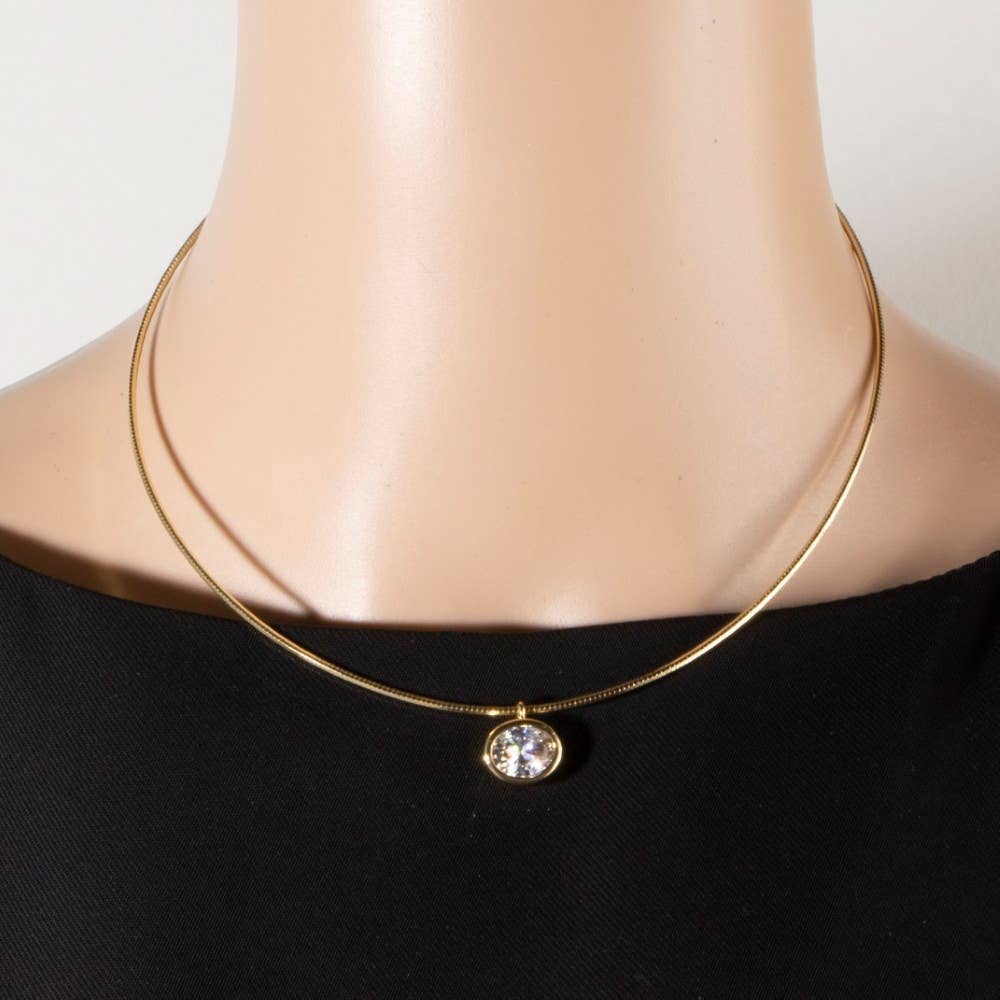 Gold Snake Chain Oval Cz Pendant Necklace