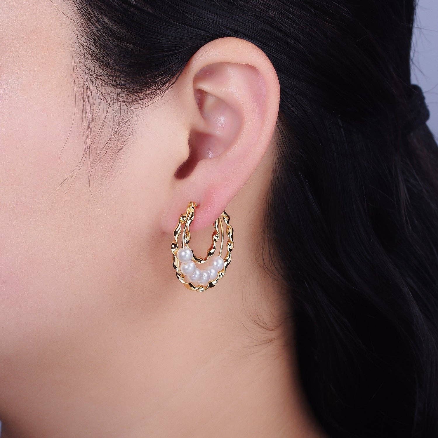 16K Gold Filled Pearl Lined Triple Twisted Bar Latch Earring