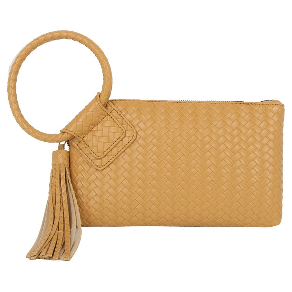Faux Leather Woven Fringe Cuff Handle Clutch Bag