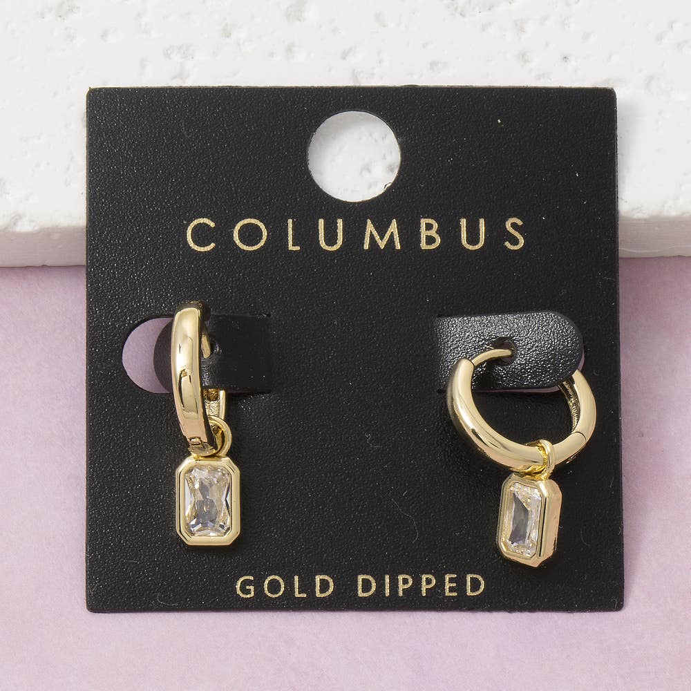 Huggie Hoop With Emerald Cut Bezel Cz Charm Earrings