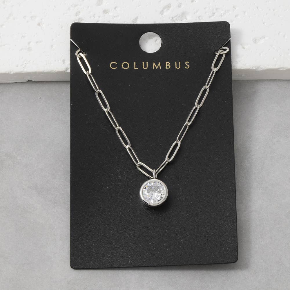 Round Bezel Cz Paperclip Chain Pendant Necklace