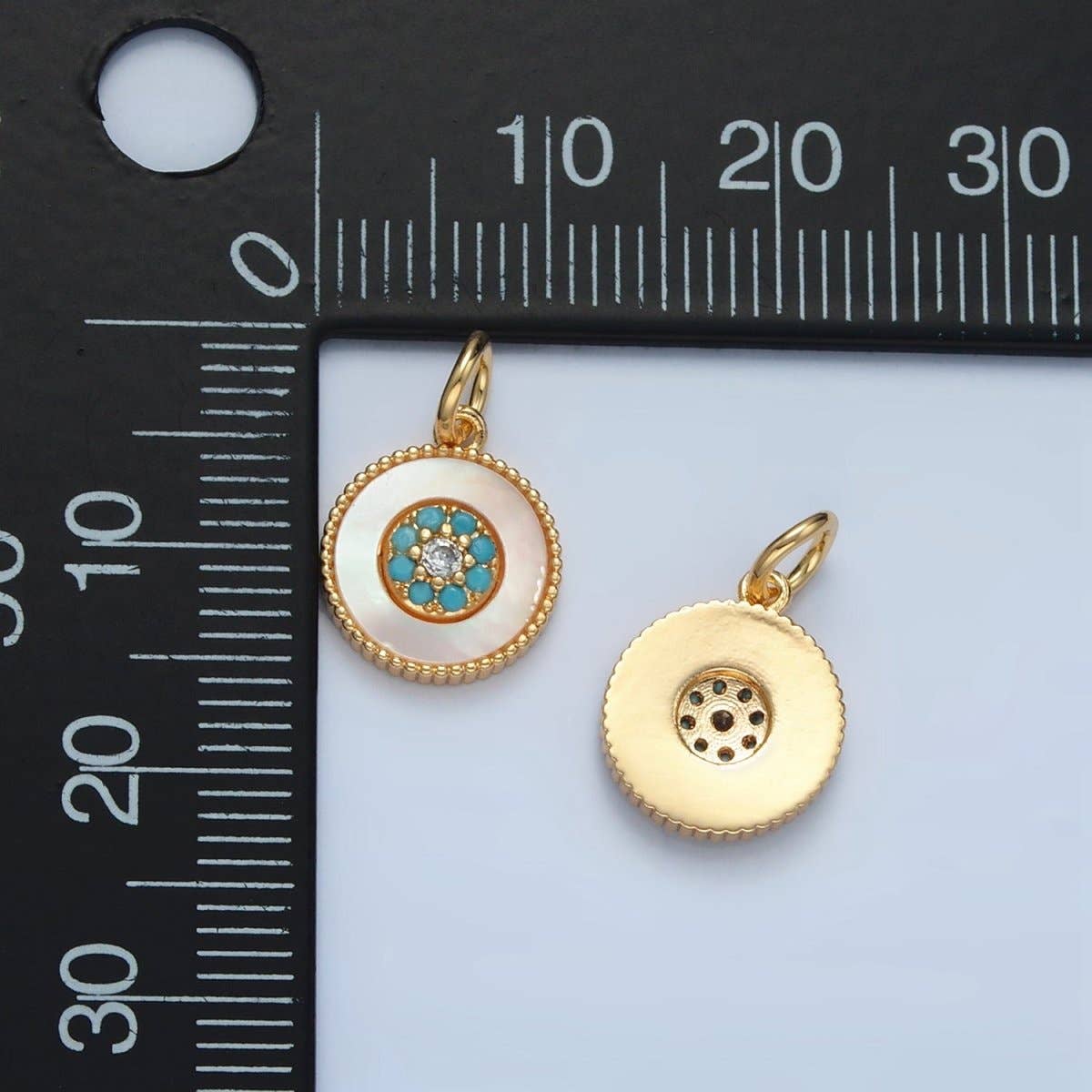 24K Gold Filled Turquoise Micro Paved Shell Pearl Round Charm | M869