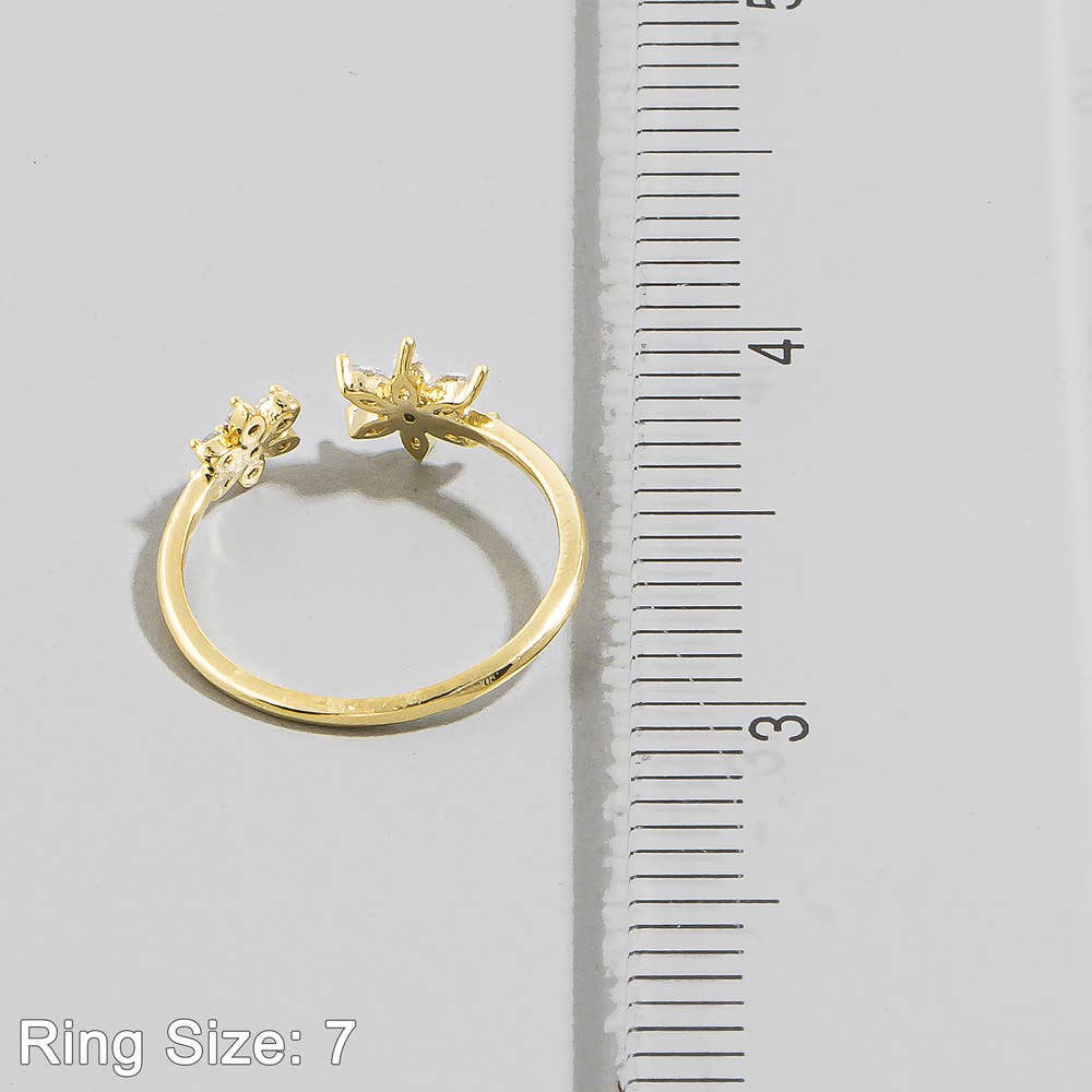 Gold Dipped Cz Double Flower Open Ring