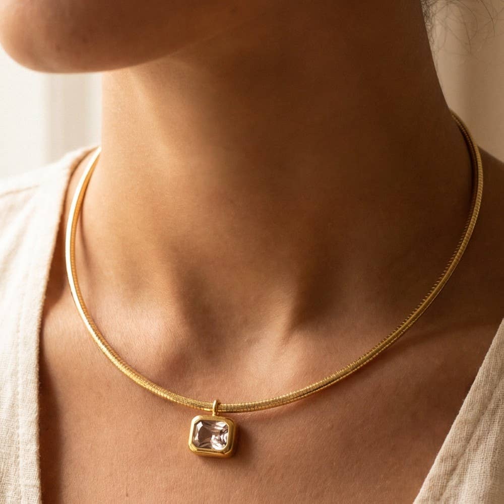 Herringbone Chain Baguette Cz Pendant Necklace