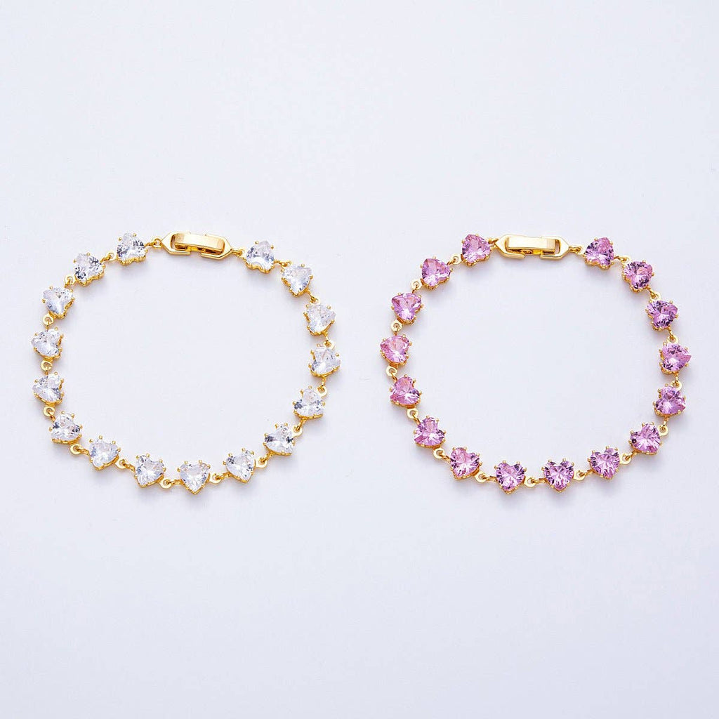 18K Gold Filled 7mm Clear, Pink CZ Heart Tennis Chain 7 Inch Bracelet | WA-04216 WA-04217