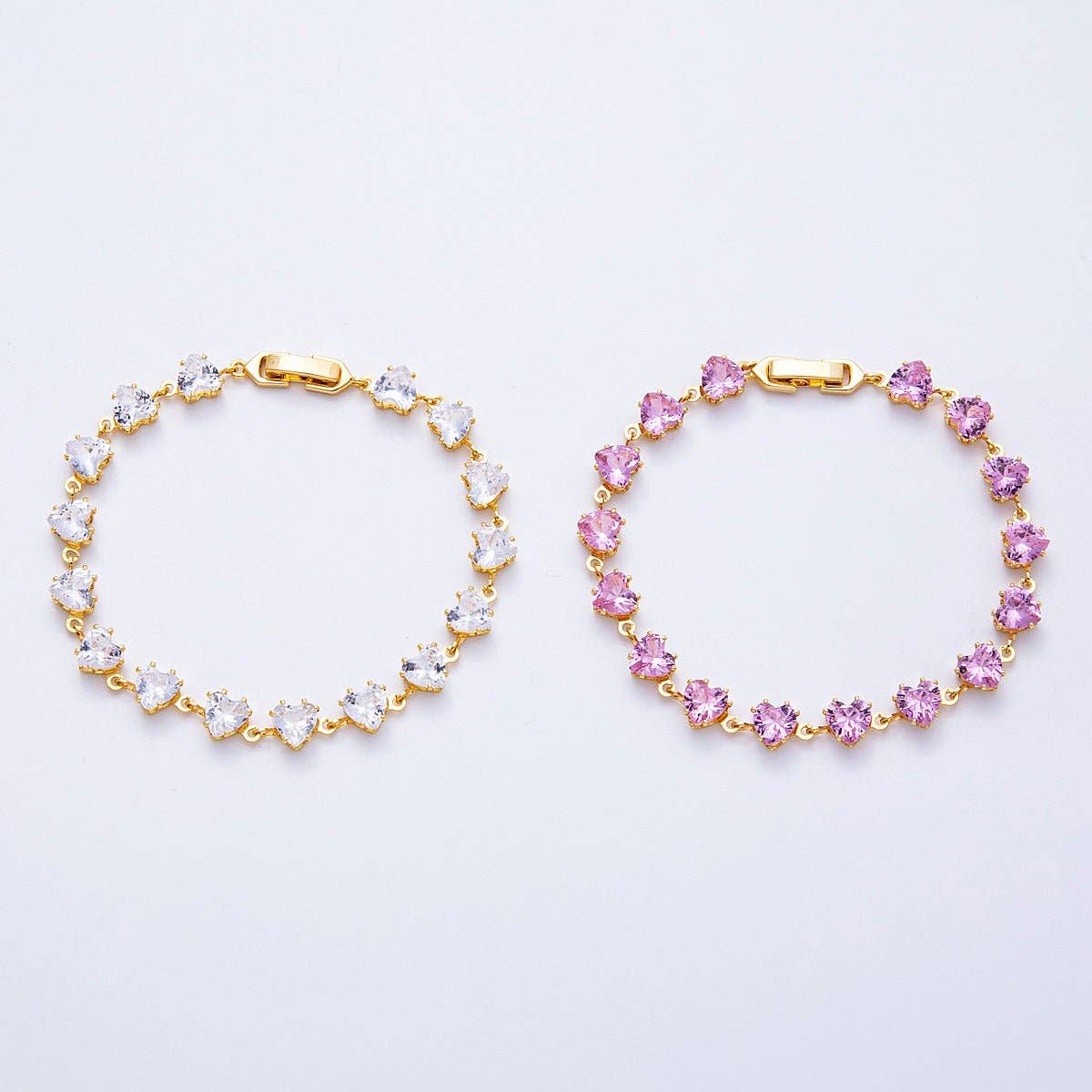 18K Gold Filled 7mm Clear, Pink CZ Heart Tennis Chain 7 Inch Bracelet | WA-04216 WA-04217