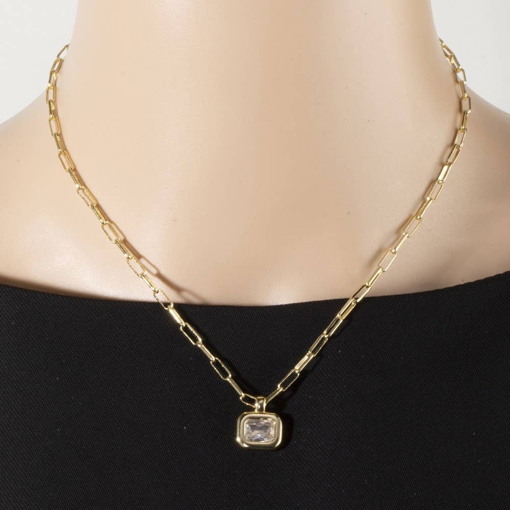 Gold Dipped Cz Emerald Cut Bezel Paperclip Necklace