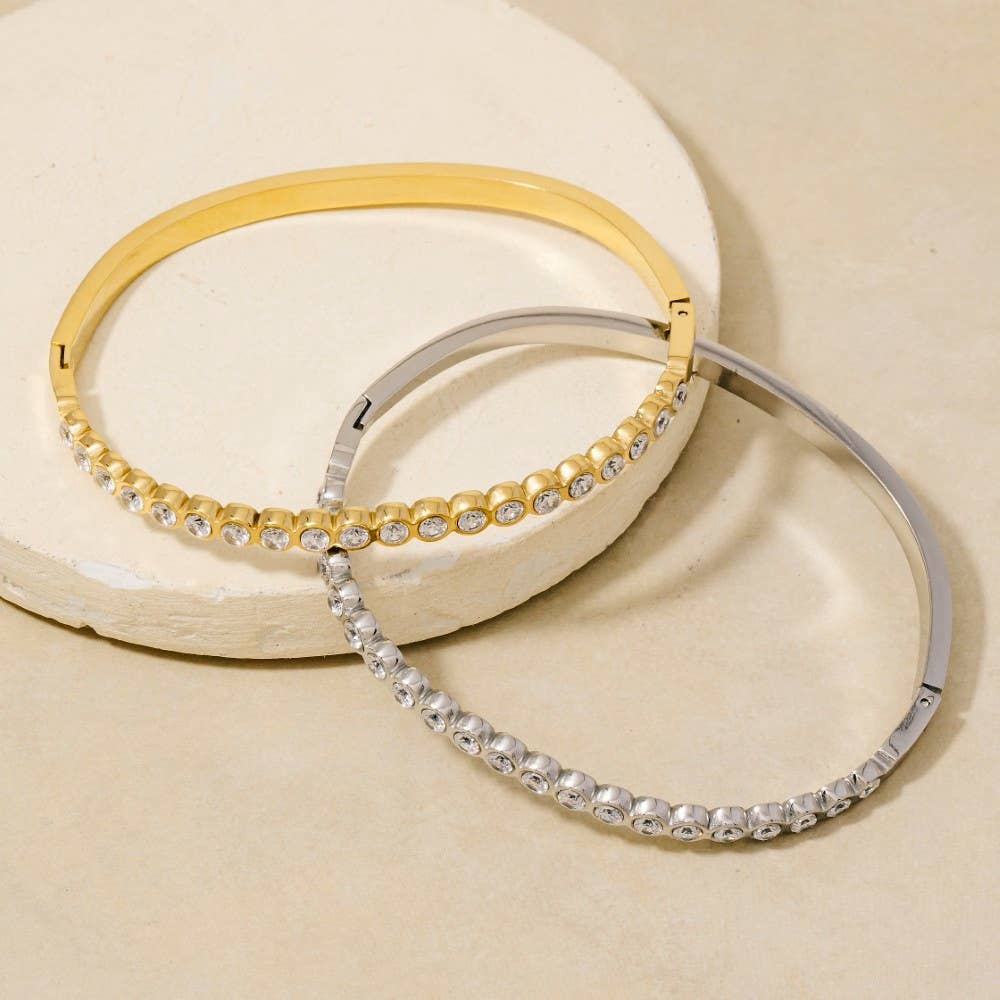 Stainless Steel Bezel Set Crystal Hinged Bangle Bracelet