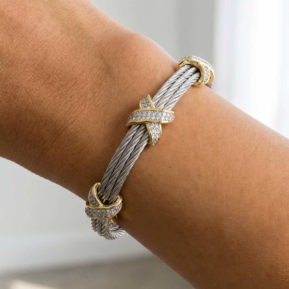 Two Tone Cable Cuff Bracelet With Cz X Connector