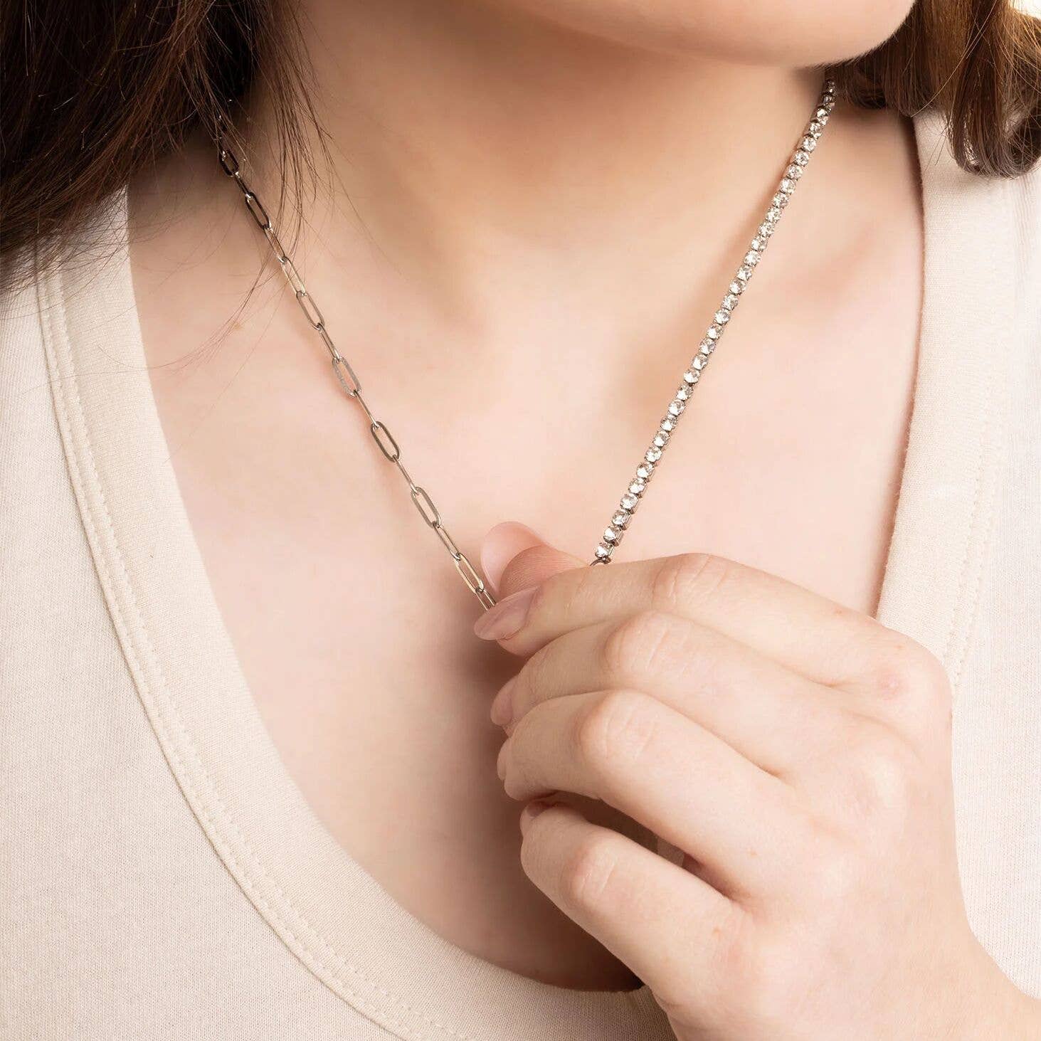 Paperclip Tennis Chain Split Necklace