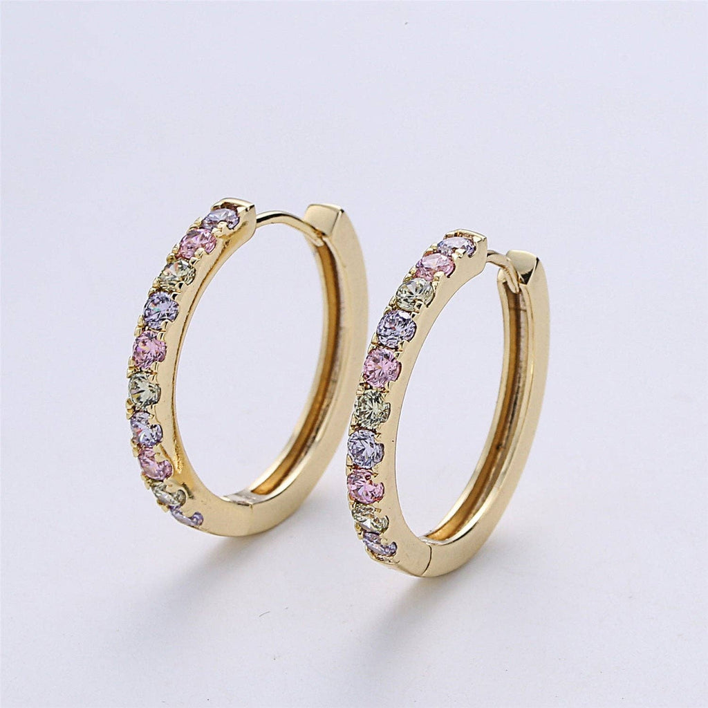 Dainty Gold Huggie Earring- Multi Color Cubic Earring - Pink