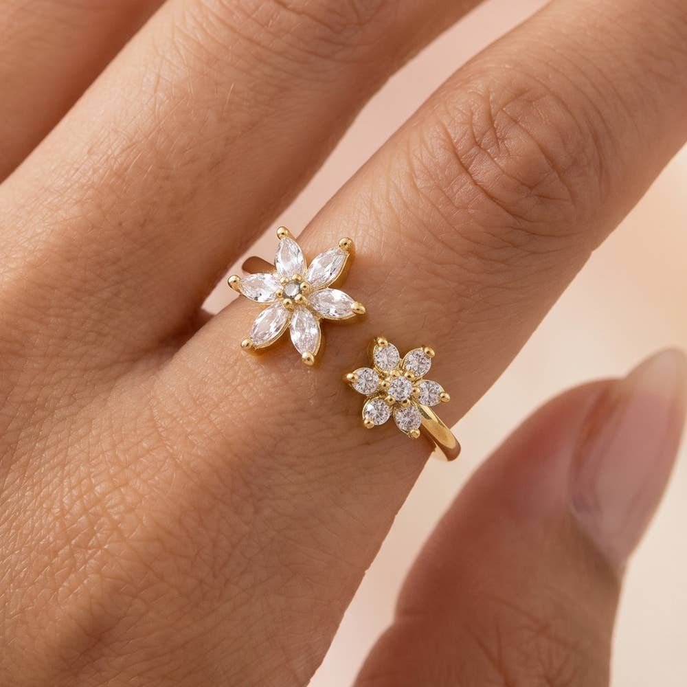 Gold Dipped Cz Double Flower Open Ring