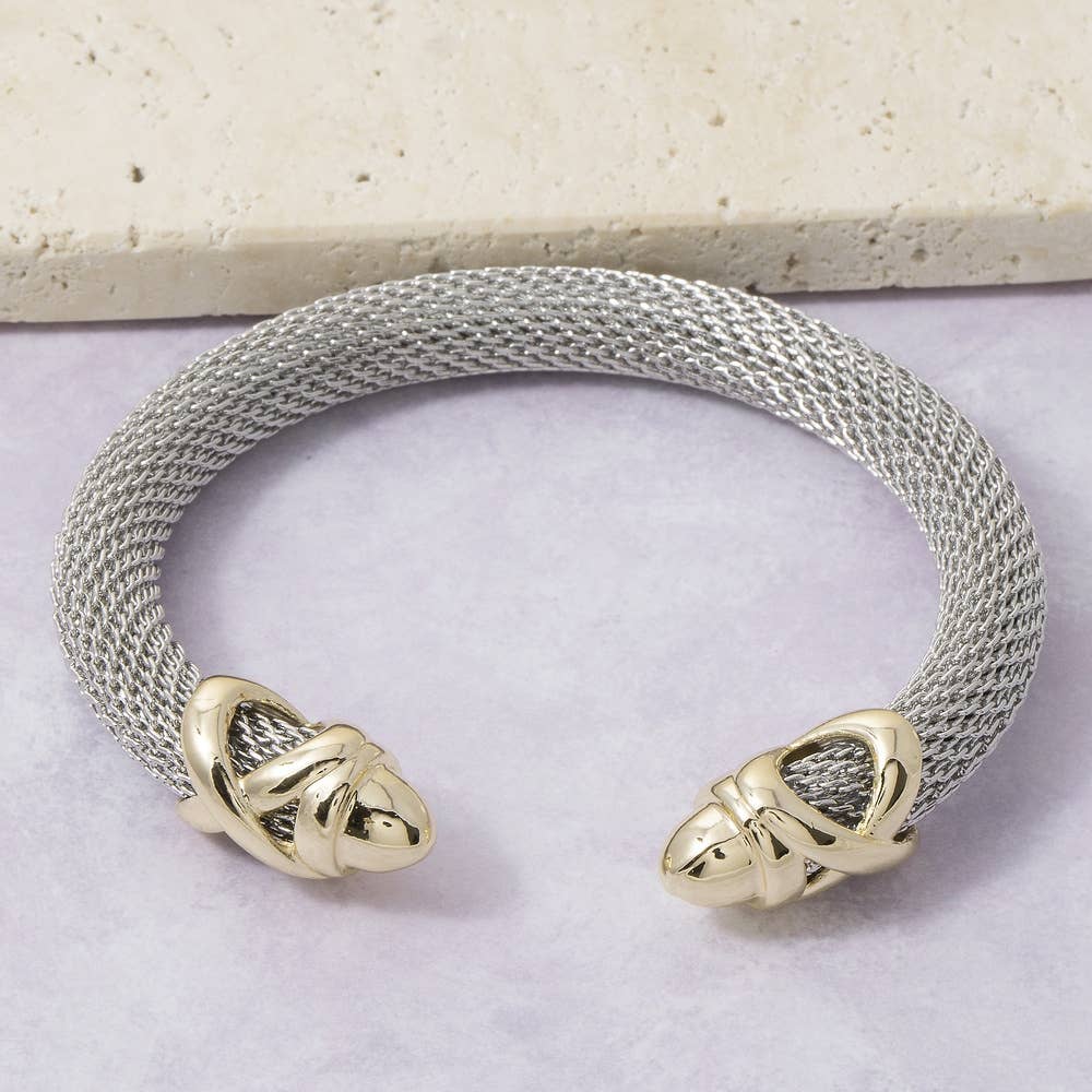 Two Tone Mesh Tube Knot End Cap Cuff Bracelet