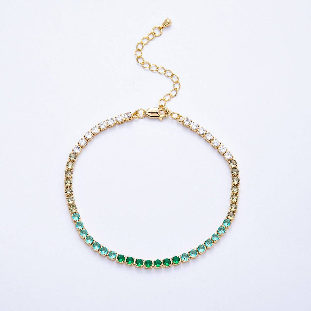 18K Gold Filled 3mm Purple, Green, Pink, Blue CZ Gradient Tennis Chain 7.87 Inch Bracelet w. Extender | WA-04222