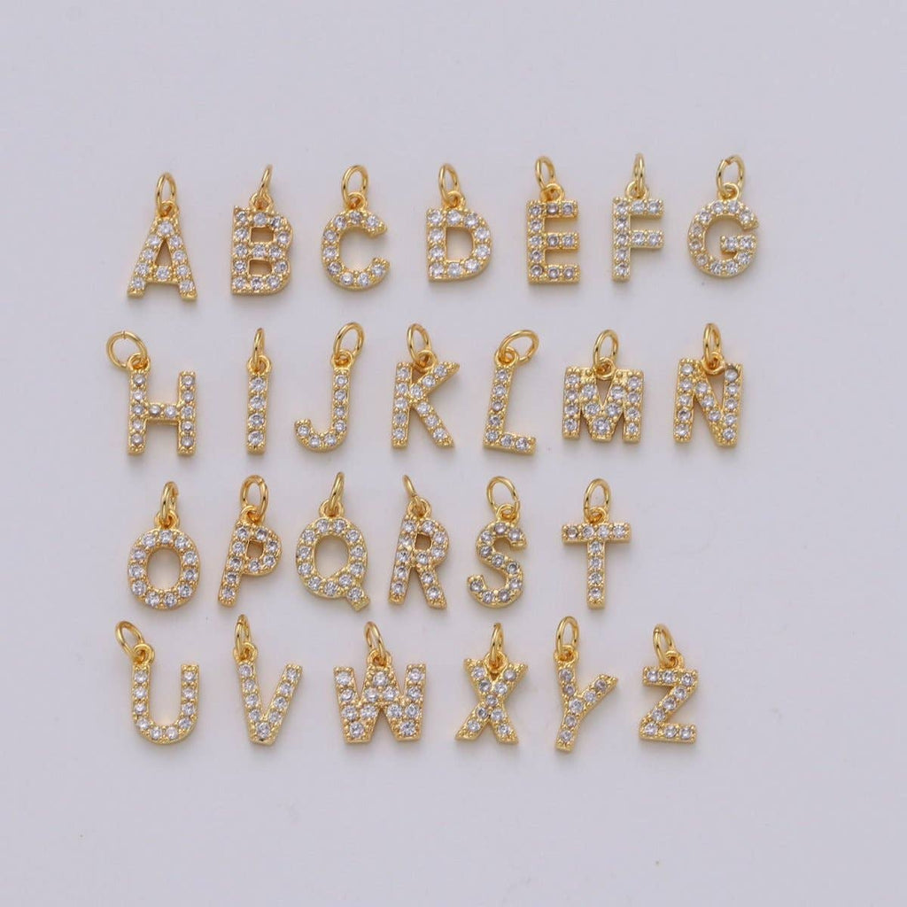 14k Gold Filled Tiny CZ Initial, Letter Alphabet Micro Pave charms Dainty Gold Cubic Pendant Charm for Necklace Bracelet Earring Add on A-099 to A-111