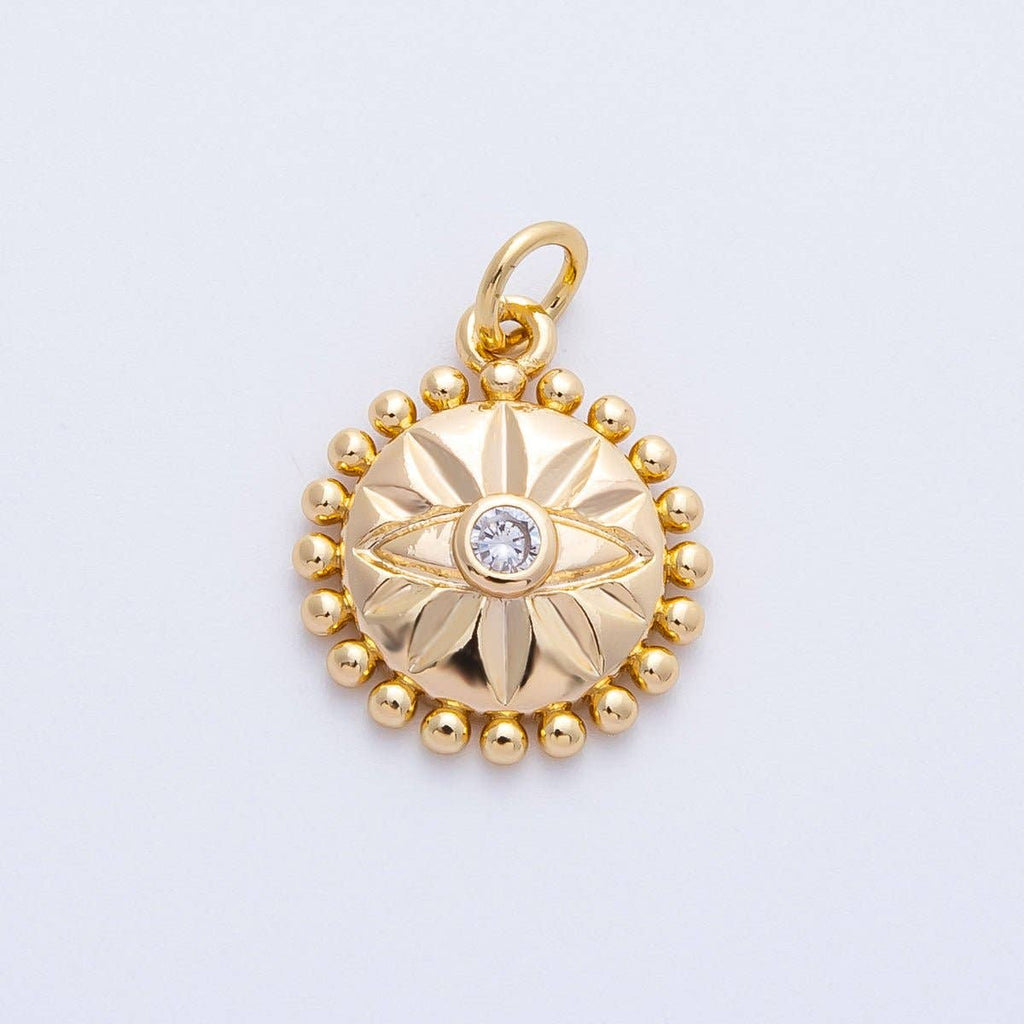 16K Gold Filled 16mm Evil Eye Sunburst Dotted Round Charm | Charms-00399