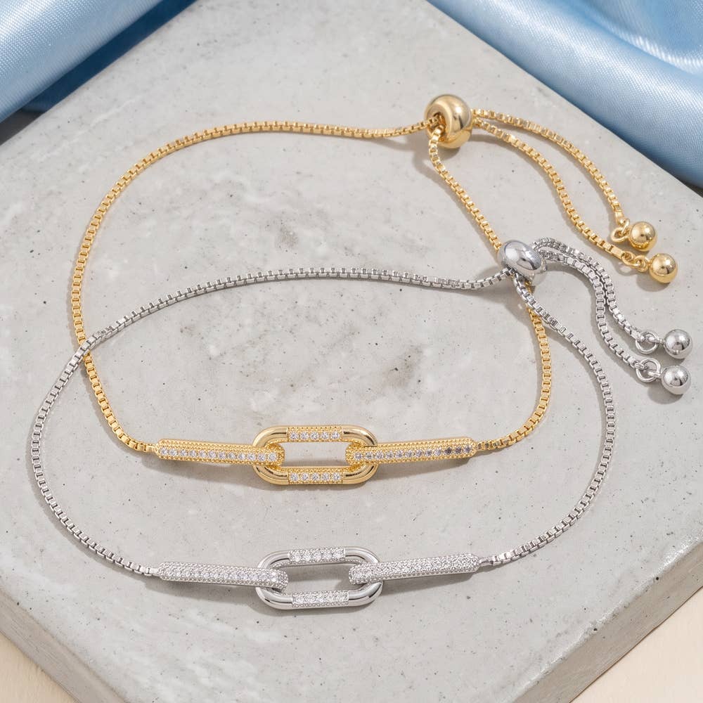 Interlocked Pave Link Box Chain Bolo Bracelet