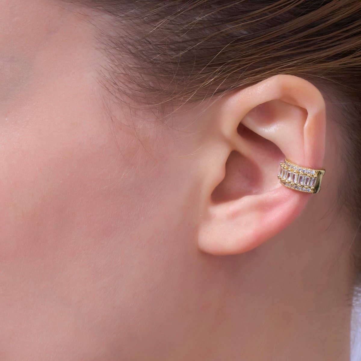 24K Gold Filled Clear Baguette Micro Paved CZ Ear Cuff Earring | AI174