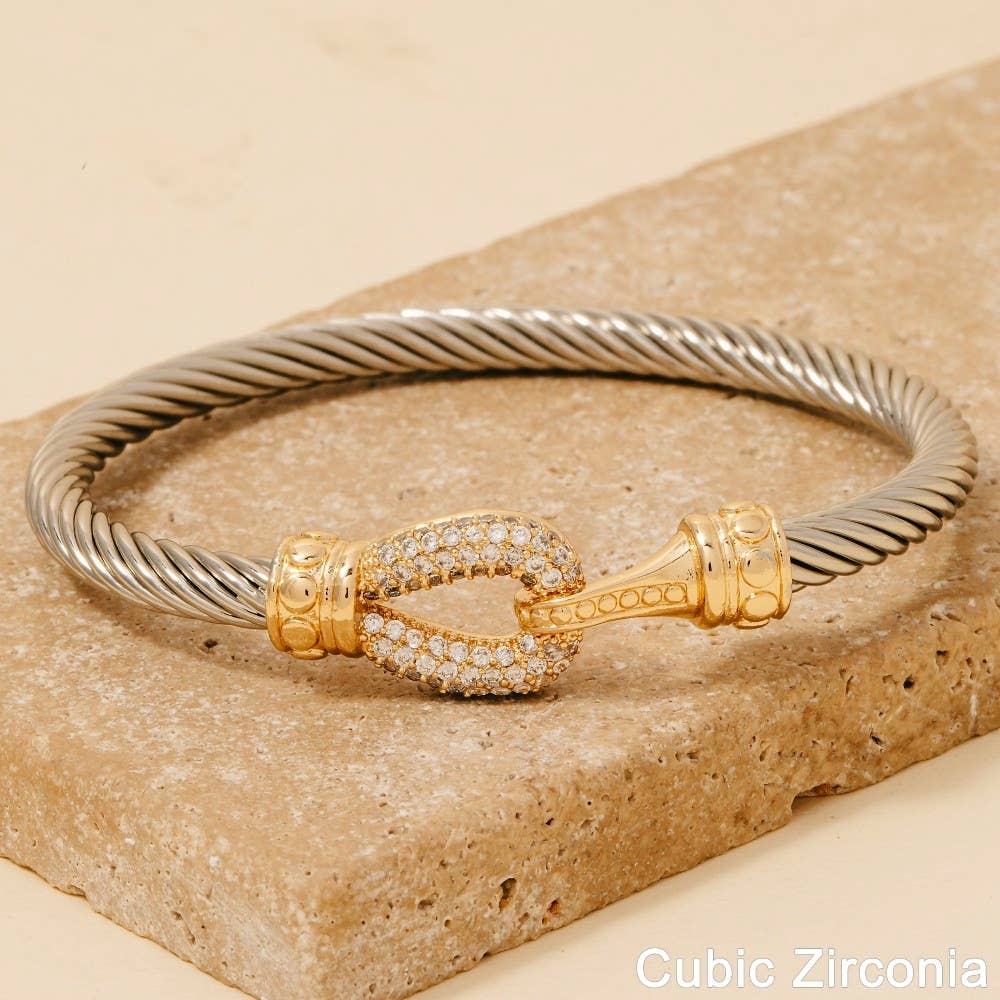Gold Dipped Two Tone Cz Pave Hook Bangle Bracelet