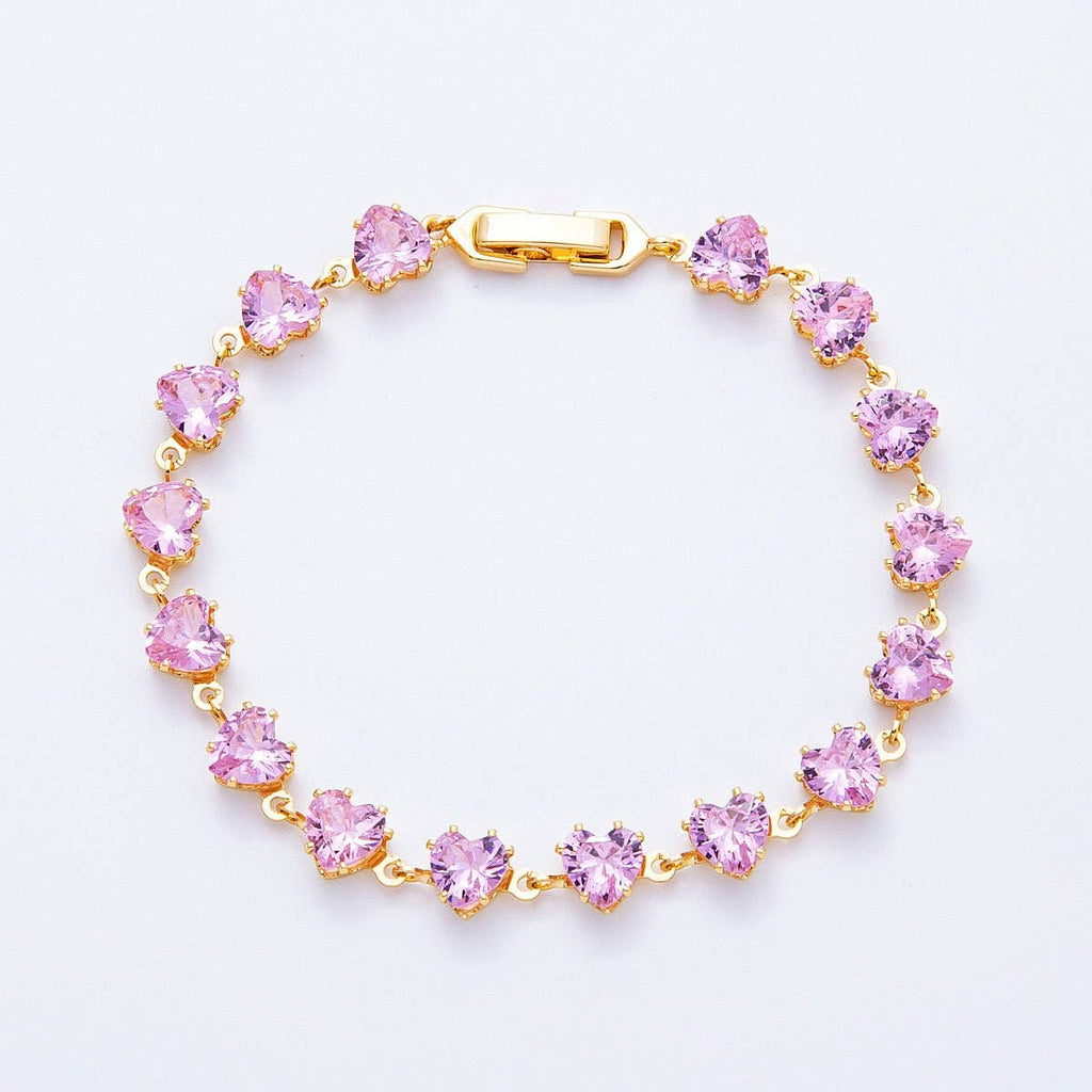 18K Gold Filled 7mm Clear, Pink CZ Heart Tennis Chain 7 Inch Bracelet | WA-04216 WA-04217