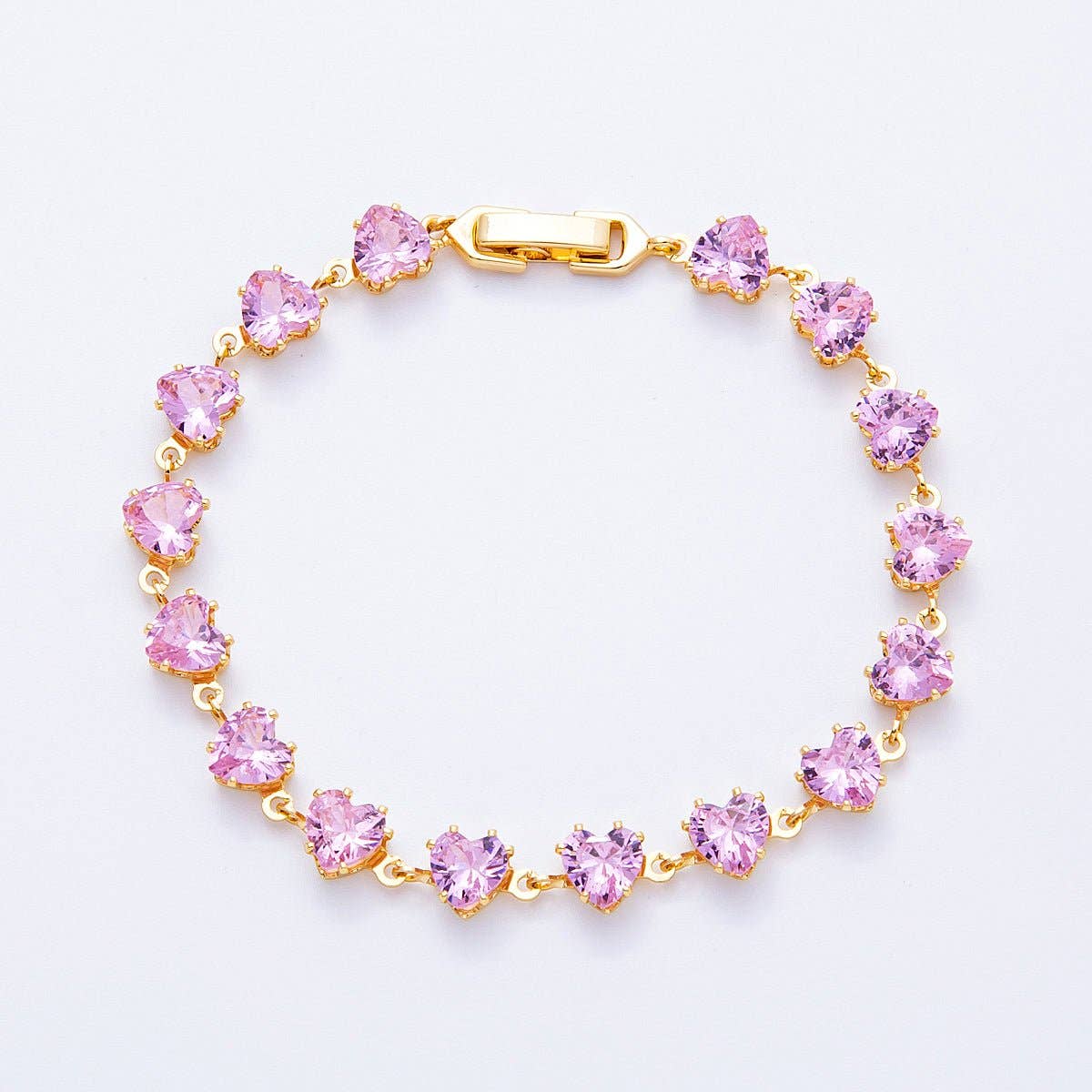 18K Gold Filled 7mm Clear, Pink CZ Heart Tennis Chain 7 Inch Bracelet | WA-04216 WA-04217