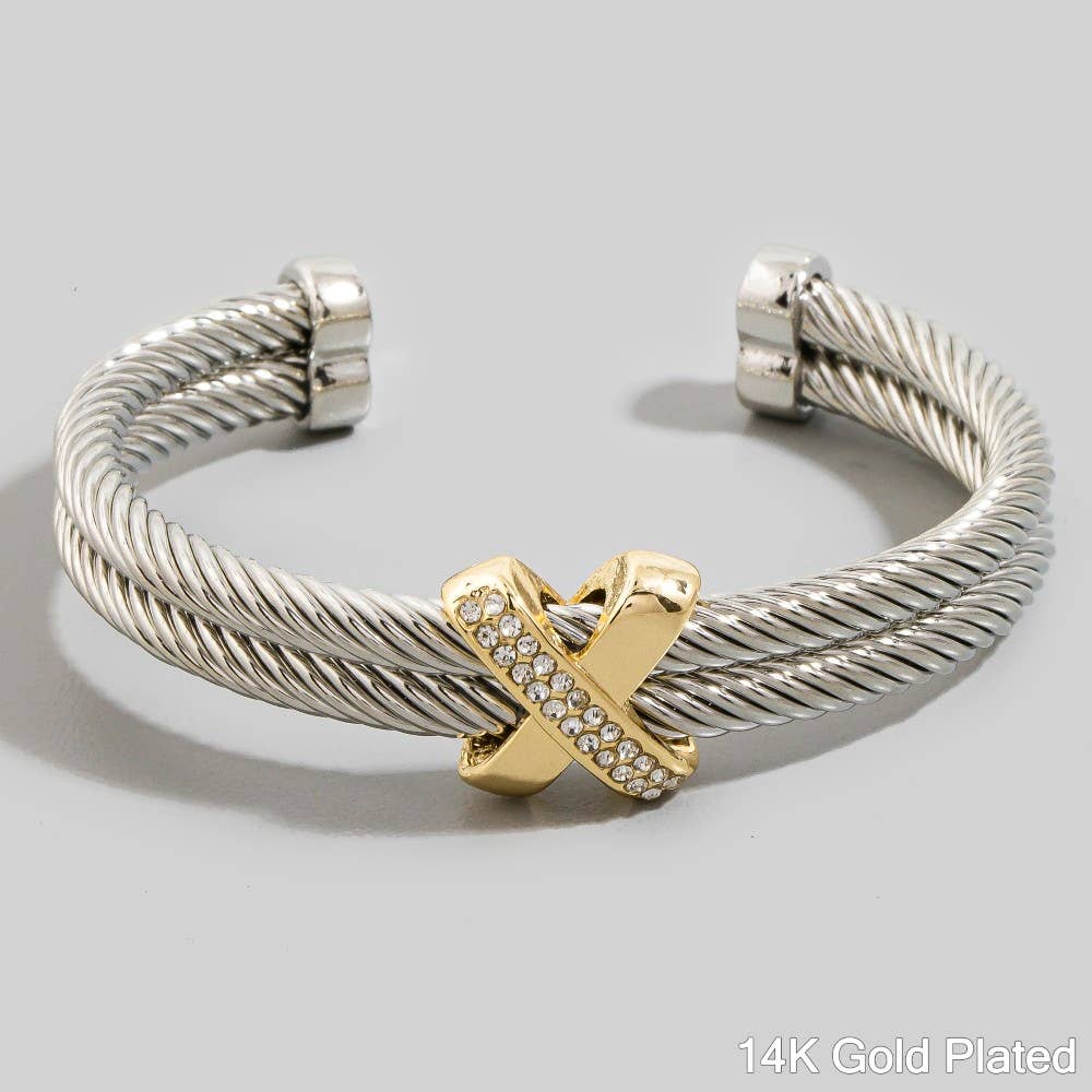 Gold Dipped Layered Two Tone Cz Rope Cuff Bracelet