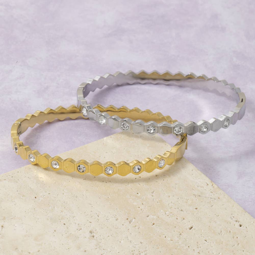 Gold Dipped Hexagon Cz Studded Bangle Bracelet