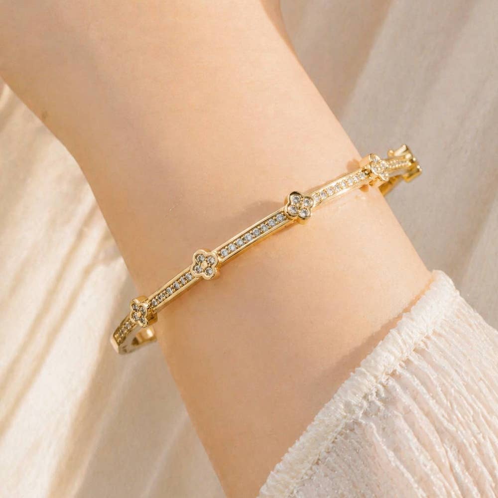Gold Dipped Cz Pave Clover Station Bangle Bracelet