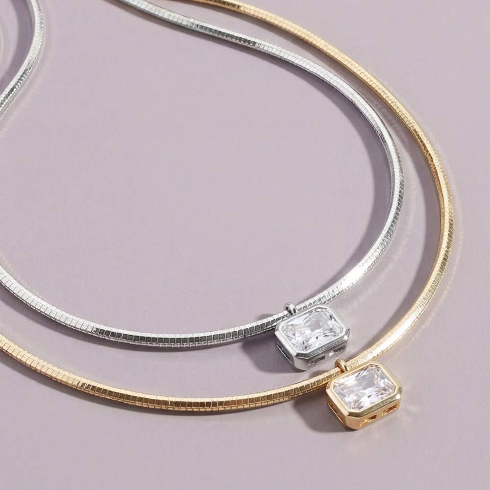Herringbone Chain Baguette Cz Pendant Necklace