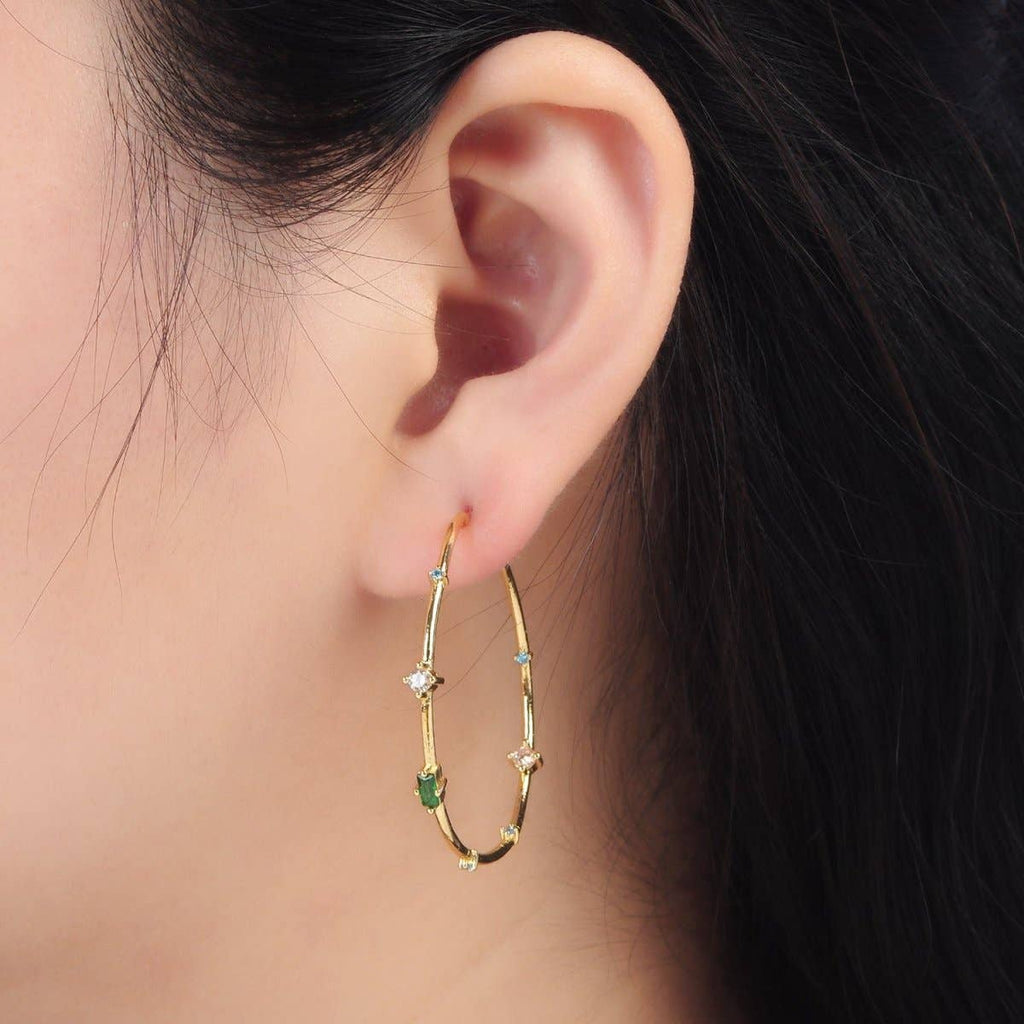 24K Gold Filled 40mm Clear Green Baguette CZ C-Shaped Hoop Earrings | Q300