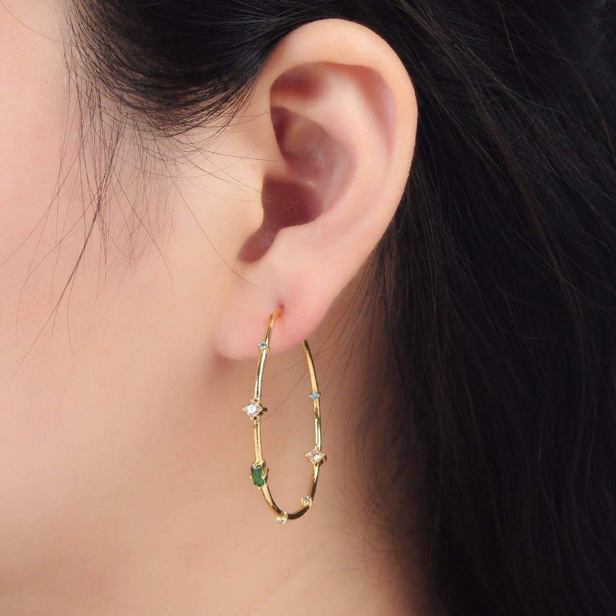 24K Gold Filled 40mm Clear Green Baguette CZ C-Shaped Hoop Earrings | Q300